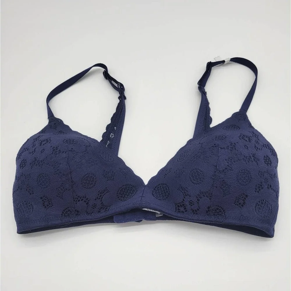 Aerie Wireless Bra Floral Lace Scalloped Padded Comfort Lingerie Navy Blue 34C